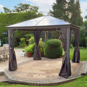 Polycarbonate Roof Pavilion Gazebo - 2.5m x 2.5m (with Curtains & Mosquito Nets)