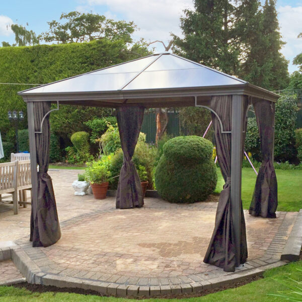 Polycarbonate Roof Pavilion Gazebo - 2.5m x 2.5m (with Curtains & Mosquito Nets)