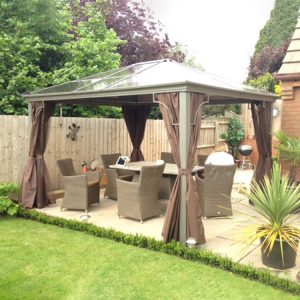 Polycarbonate Roof Pavilion Gazebo - 3m x 3.65m (with Curtains & Mosquito Nets)