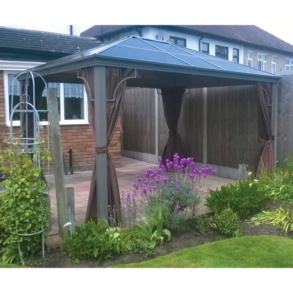 Polycarbonate Roof Pavilion Gazebo - 3m x 3.65m (with Curtains & Mosquito Nets) - Image 2