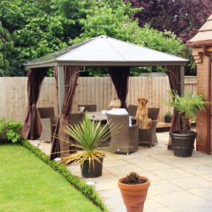 Polycarbonate Roof Pavilion Gazebo - 3m x 3m (with Curtains & Mosquito Nets)