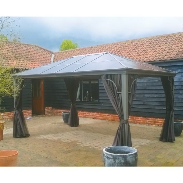 Polycarbonate Roof Pavilion Gazebo - 3m x 4.2m (with Curtains & Mosquito Nets)