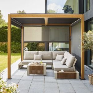 3m x 4m - Luxury Timber Effect Aluminium Pergola (with 3 x Side Blinds and LED Lighting) - (Pre-Order)