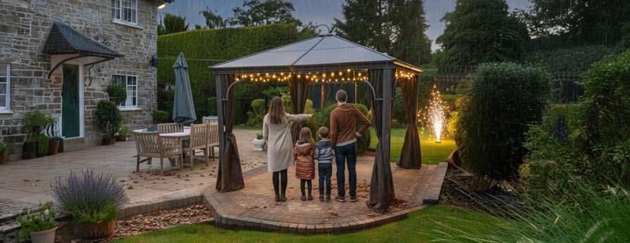 Family watching Bonfire Night Fireworks under Gazebo